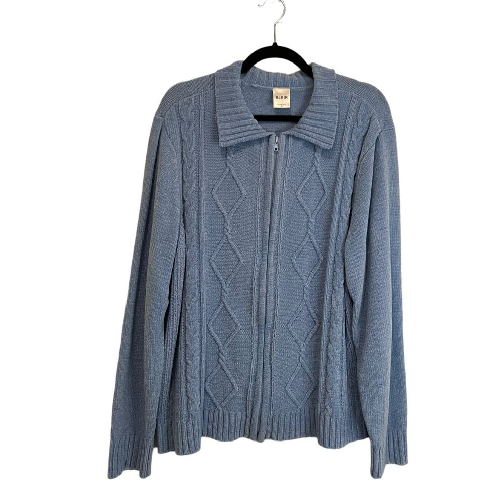 Vintage Blair Light Blue Full Zip Chenelle Cable Knit Sweater Jacket Women Sz XL